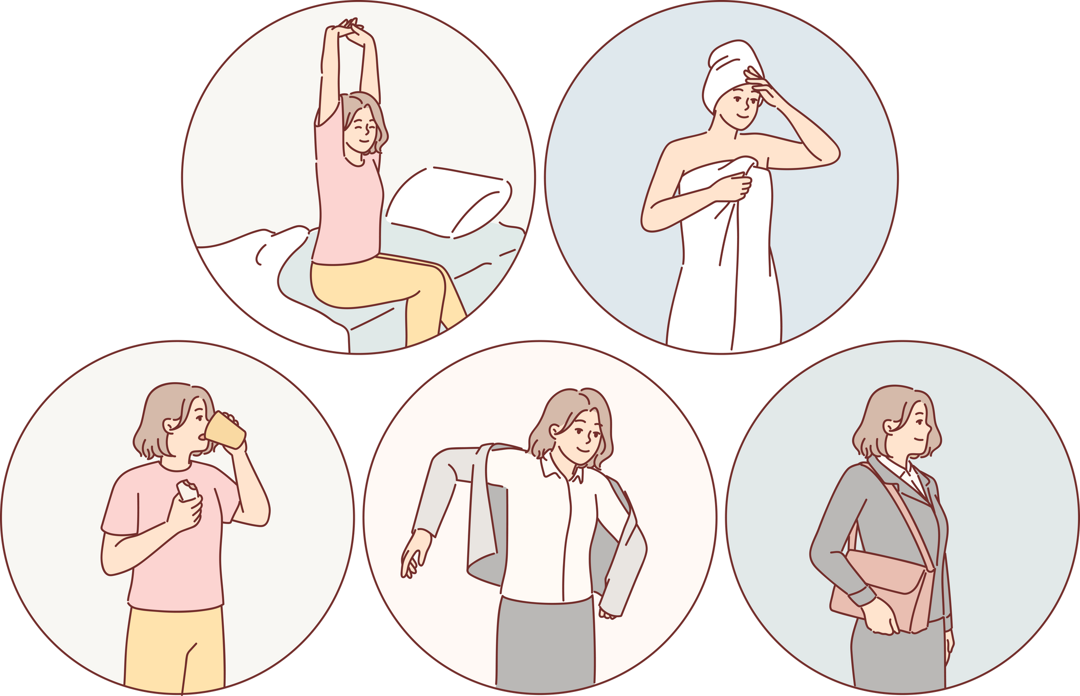 Daily routine of successful woman waking up and taking  before breakfast and going to work. Routine actions of active girl working as office manager and striving to achieve success in career